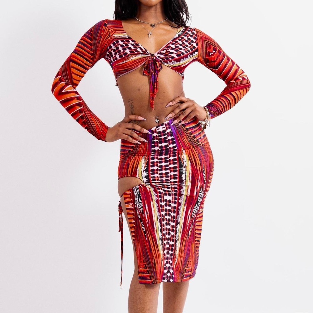Red and orange cut out skirt set